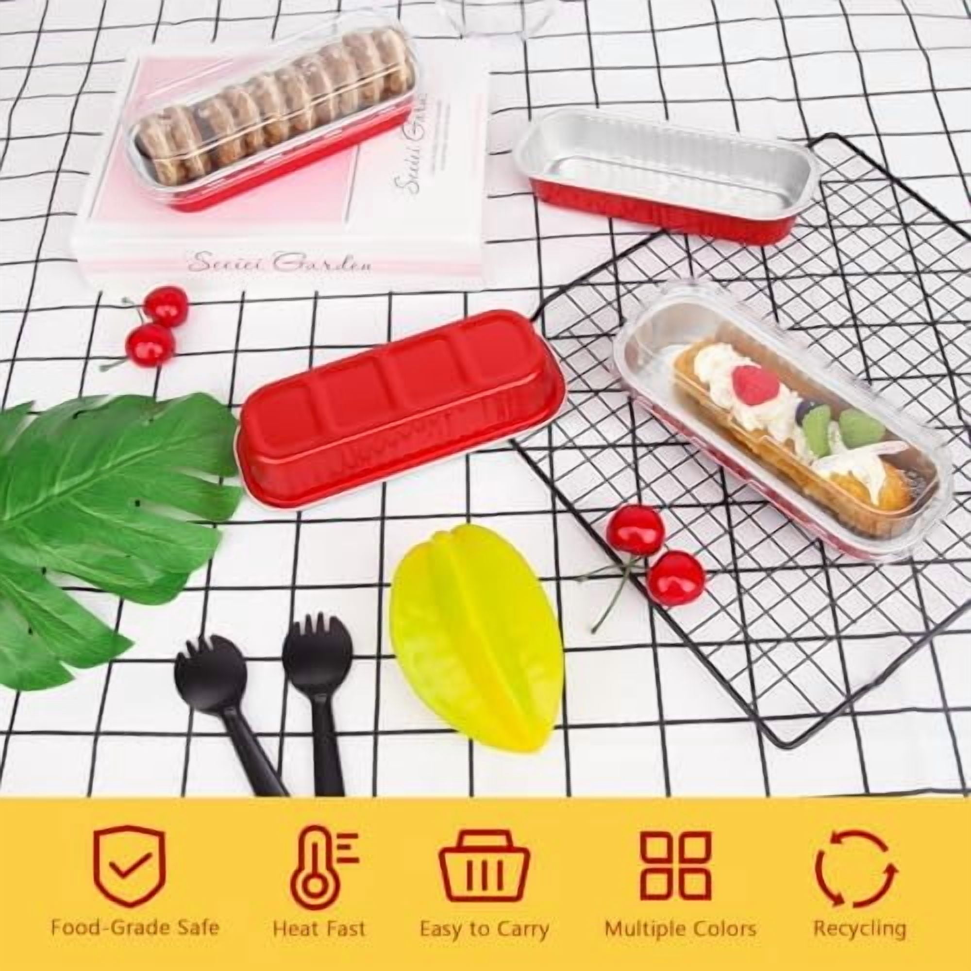 Mini Baking Pans With Lids 50 Pack, 6.8oz Aluminum Foil Small Loaf Pans Tins Holders,Rectangle Baking Cups Muffin Tins,Disposable Ramekins Muffin Cups For Mini Cake Bread -Red