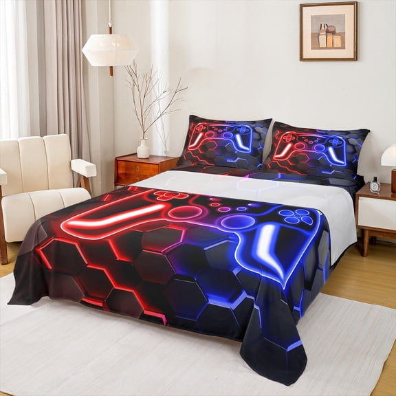 Castle Fairy Honeycomb Gamer 3pcs Twin Sheet Sets,Abstract Gradient Twin Fitted Sheet,Geometric Hexagon Breathable Flat Sheet,Breathable Video Game Home Decor