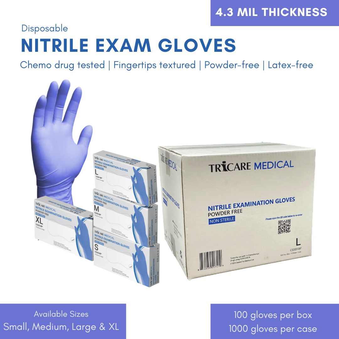 TRICARE Medical Nitrile Exam Gloves, Large, 1000/Case, Deep Blue, Latex-free, Powder-free, 4.3 Mil