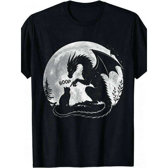 Dragon Boop Cat Under Full Moon Funny Cute Fantasy Night Funny Crew Neck Tee with Stylish Print Casual