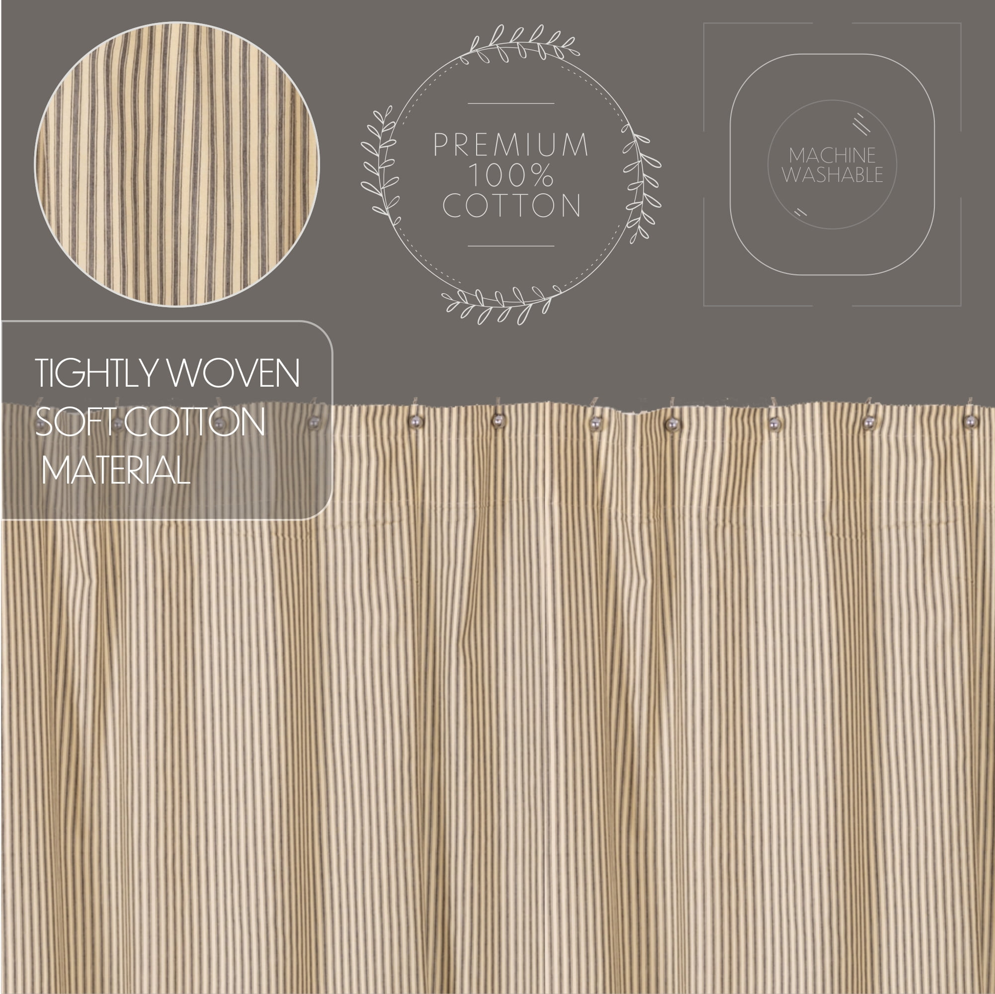 VHC Brands Sawyer Mill Charcoal Decorative Farmhouse Ticking Stripe Shower Curtain with Buttonholes 72x72