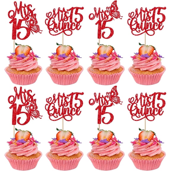10pcs Mis 15 Cupcake Toppers Glitter Mis Quince 15 Feliz 15 Años Cupcake Picks Hello 15 Fabulous Cupcake Decorations for Cheers to 15 Happy 15th Birthday Party Cake Decorations Red