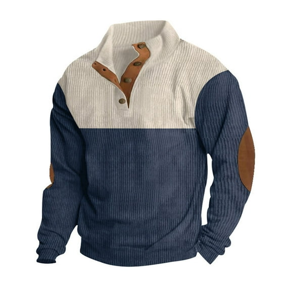 Mens Corduroy Pullover with Mock Neck and Leather Elbow Patches Durable and Stylish Autumn Clothing Navy L