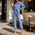 thumbnail image 4 of Kctiaxy Women's Jumpsuits Long Sleeve Turndown Collar Belt Ties Denim Rompers Solid Fashion Jogger Jeans, 4 of 6