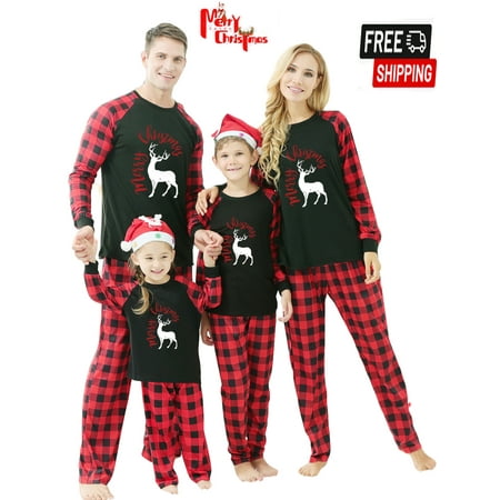 

Matching Family Pajamas Sets Christmas PJ s with Deer Long Sleeve Tee and Plaid Pants Loungewear