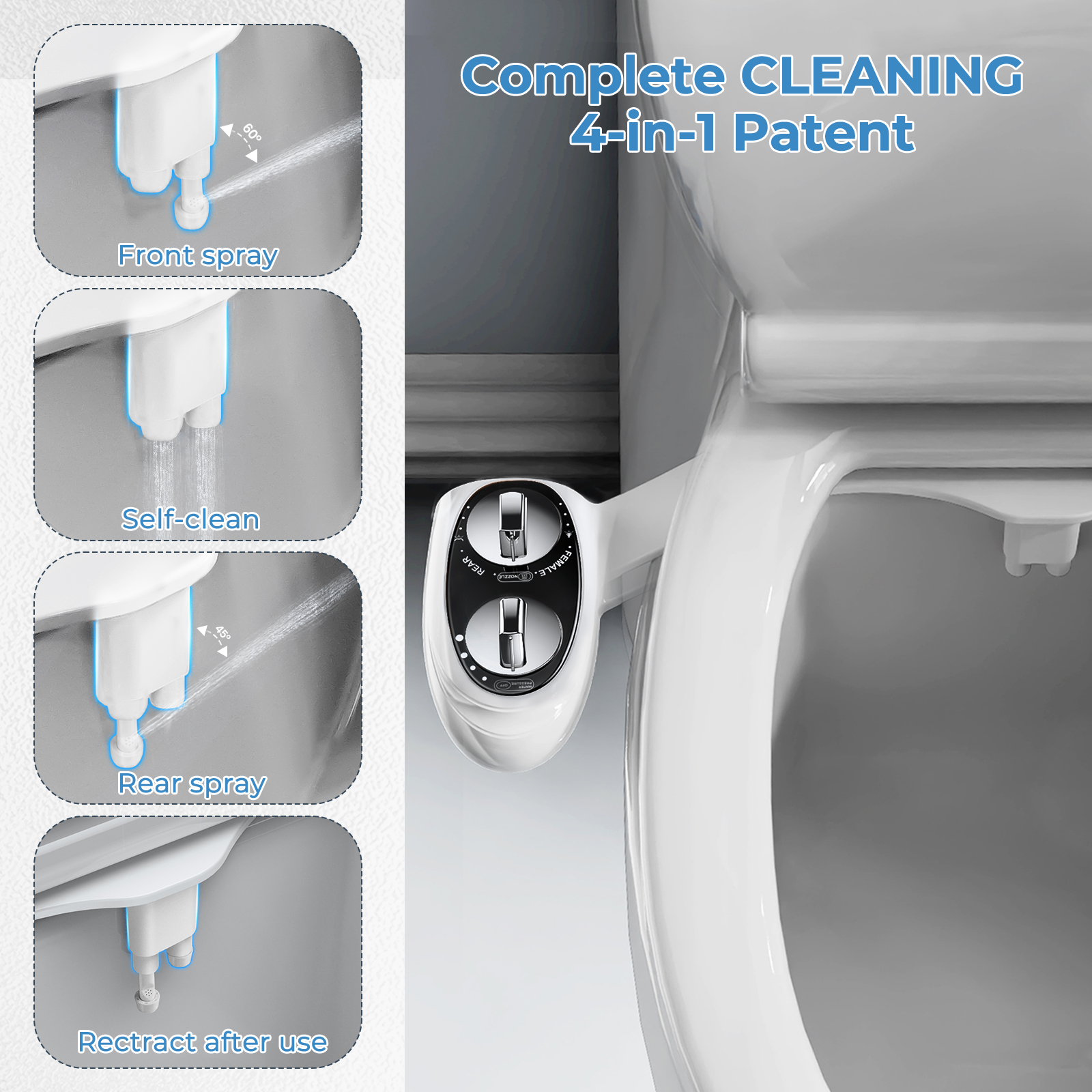KINGTACK Bidet Attachment for Toilet, Toilet Bidet Non-Electric Bidet Toilet Attachment Dual Nozzles for Frontal/Rear Wash, Adjustable Pressure Control (Black/White)