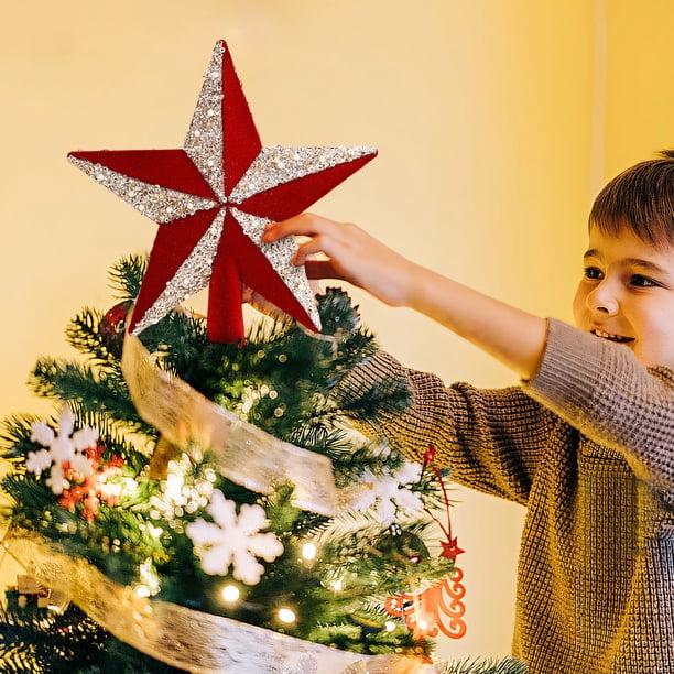 Adorno de estrella para la punta del árbol de Navidad | Decoración colgante de plástico rojo | Bola festiva de 7,87 pulgadas para árbol de Navidad | Adorno navideño duradero para la repisa del