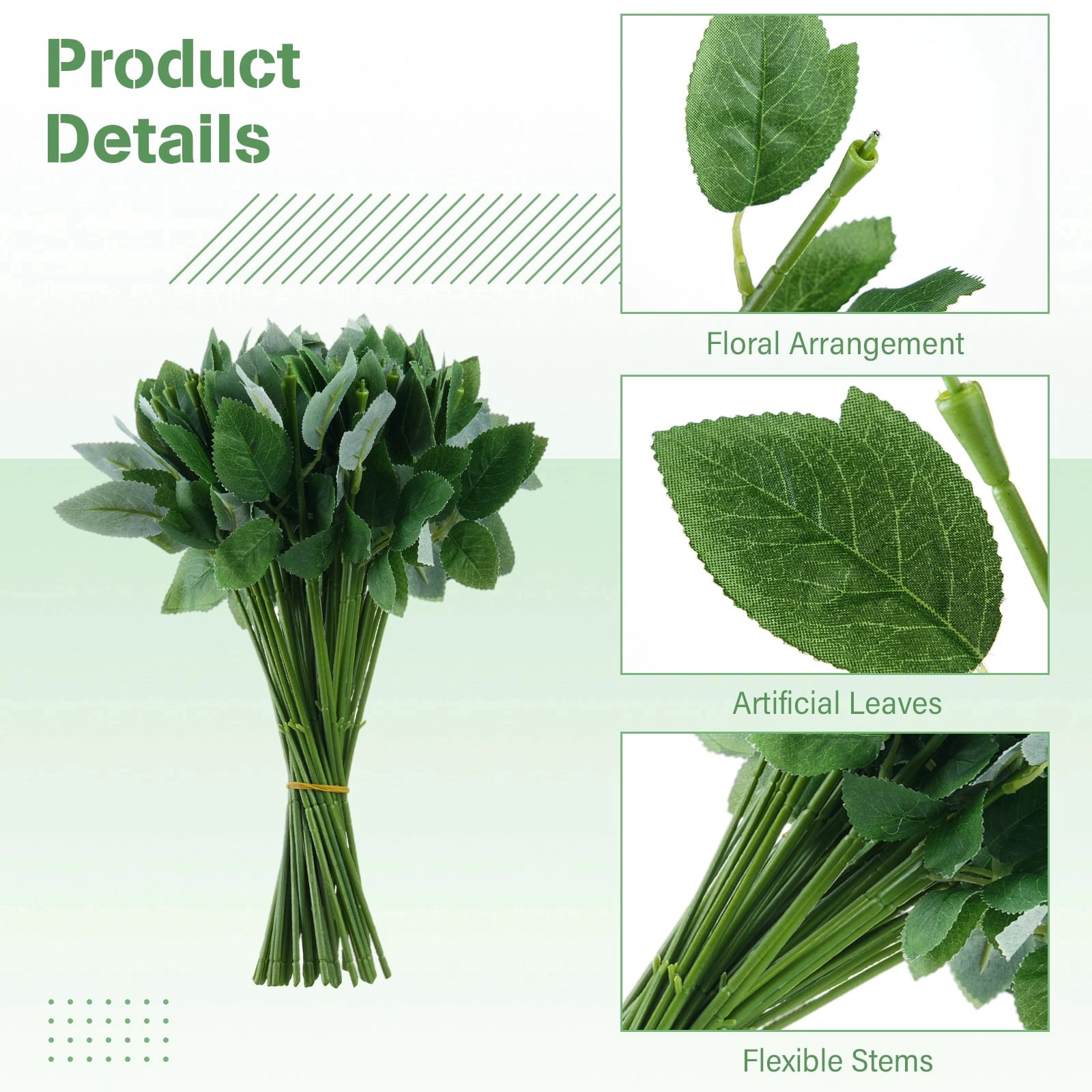 100 Pcs Rose Stems with Leaves,Fake Flower Stems,Faux Green Leaves Stems,Floral Arrangement Supplies,DIY Artificial Flowers Tools for Bouquet Wedding Party