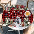 thumbnail image 2 of Red Buffalo Plaid Round Tablecloth, Fitted Table Cover with Elastic for 45"-54" Round Tables, Christmas Snowman Poinsettia Xmas Tree Snowflake Table Cloth Outdoor Dinning Party Waterproof Tablecloths, 2 of 7