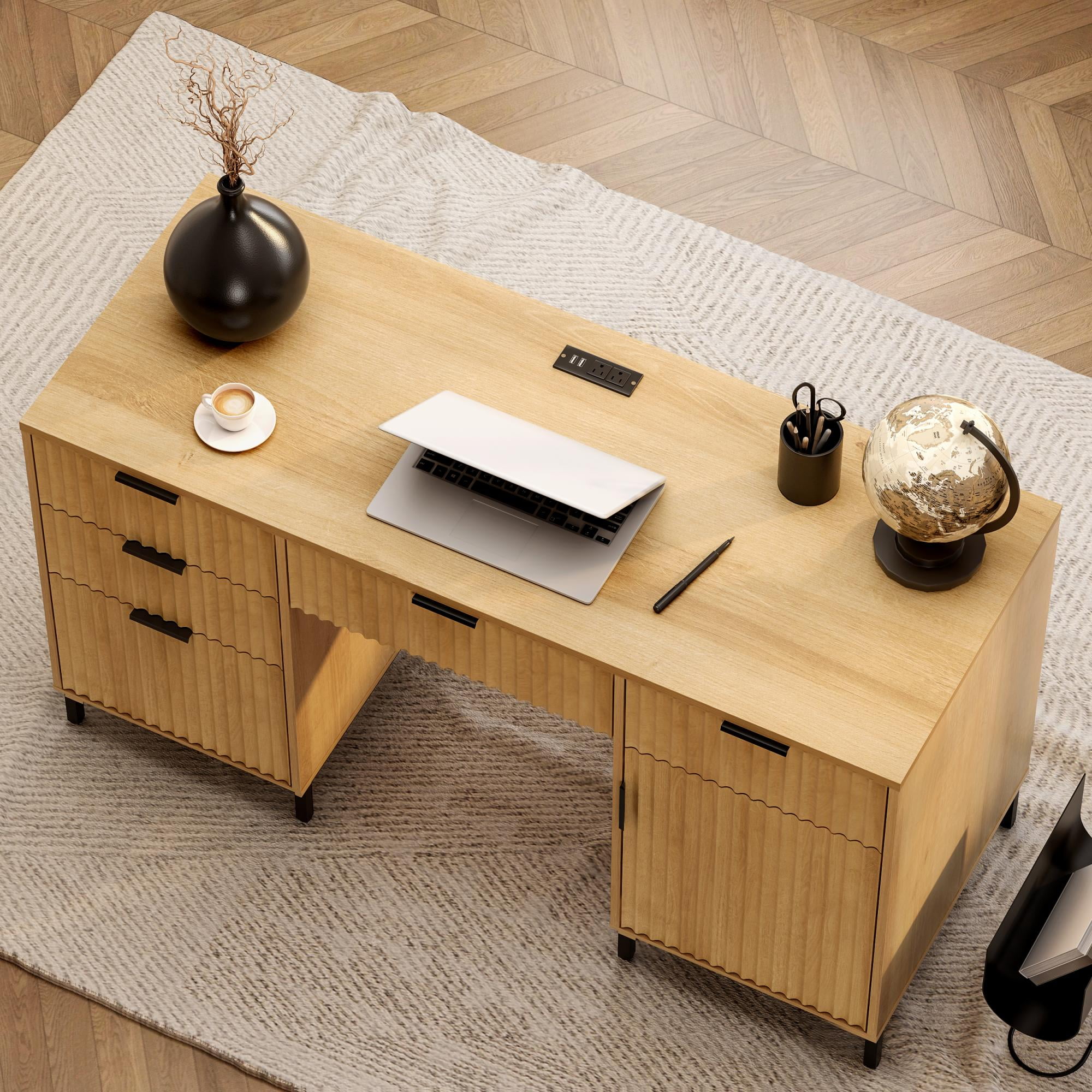 Joyyskill Fluted Executive Desk with File Drawer, 55" Large Computer Desk with Storage and Charging Station, Modern Wooden Home Office Desk, Nautral Oak