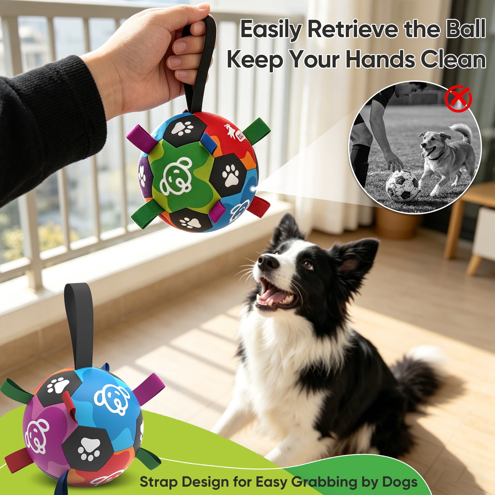 QDAN Dog Balls, Dog Soccer Ball Dog Toy, Puppy Toy for Small to Medium Dogs, Durable Water Play Ball with Straps (6 inch)