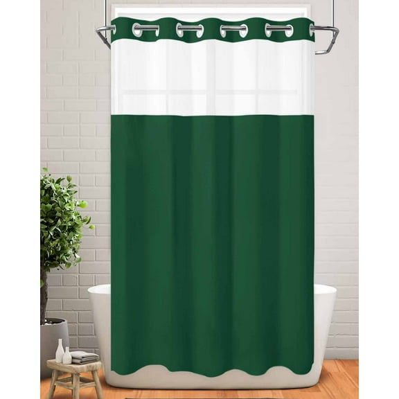 No Hook Shower Curtain with Snap in Liner,Dark Hunter Green Waterproof Bath Curtain Double Layers with See Through Top Window,Olive Green Hotel Shower Curtains 36x72in