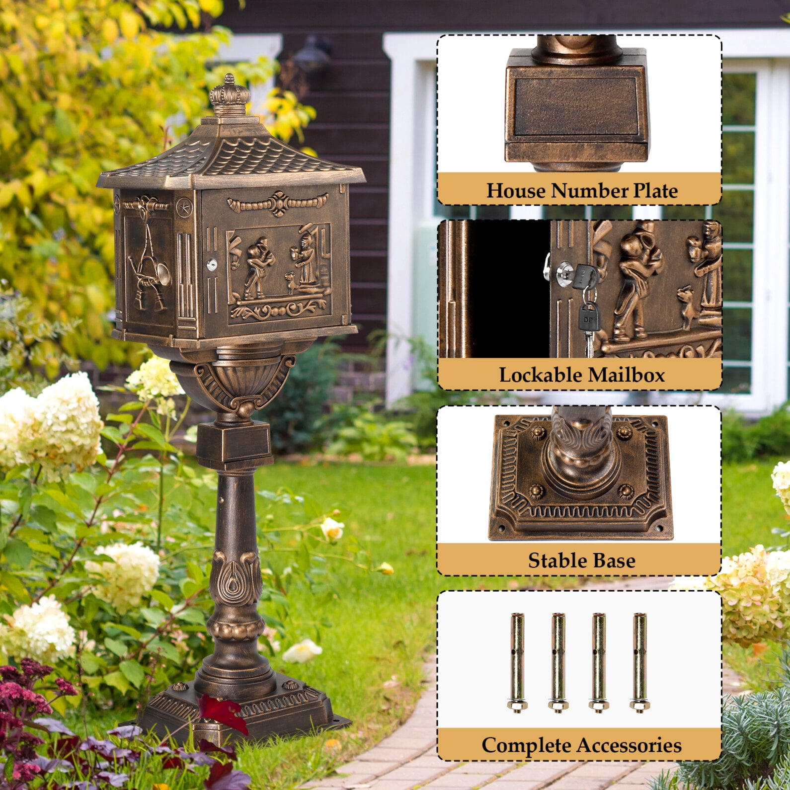 Cast Aluminum Mailbox with Post, Heavy Duty Postal Box with 2 Keys, Baffle Door, Address Panel, Stable Base, In-Ground Large Security Mailbox for Outside (Antique Bronze)