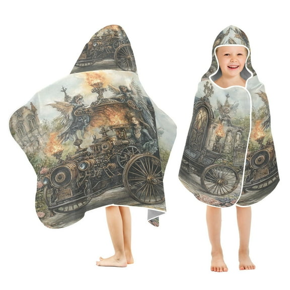 BZSMCE Towels Kids Hooded Beach Towel Art Steampunk Train Painting Pool Bath Towel Soft