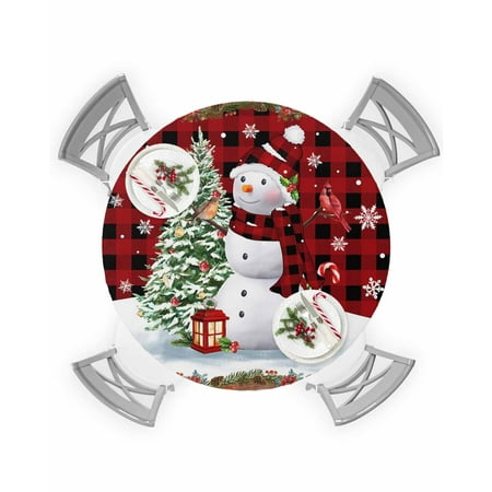 

Round Tablecloth with Elastic Christmas Snowman Bird Wood Grain Red and Black Plaid Waterproof Table Cover Wipeable Fitted Table Cloths for 55 -60 Round Tables Dining Kitchen Indoor Outdoor Use