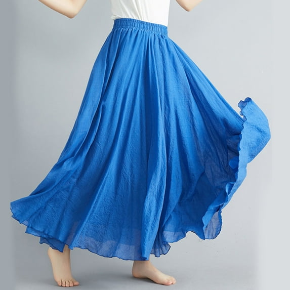 Vedolay Maxi Skirt Womens Retro Checkered Stretchy Waist Plaid Pleated Long Skirts with Pockets,Blue One Size