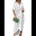 thumbnail image 3 of Vestido Camisero Fruncido de Verano para Mujer, Corta, Solapa, Cuello en V, Fiesta, Cintura Alta, L, 3 of 9
