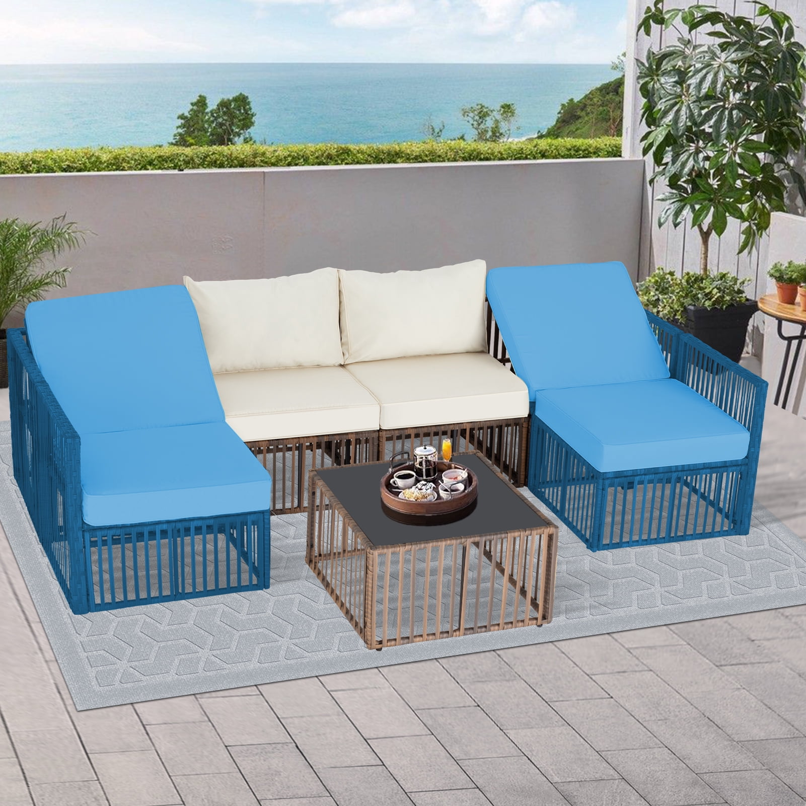 7 Pieces Outdoor Patio Furniture Set, Wicker Outdoor Sectional Conversation Couch Set with Adjustable Backrest Sofa, Cushions & Coffee Table for Outside,Garden,Deck,Brown Wicker/Beige Cushions