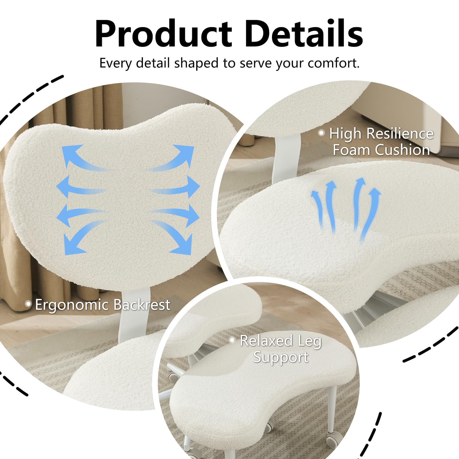 Pawverly Cross-Legged Meditation Chair with Wheels, Adjustable Height Yoga Office Chair with Lumbar Support, Ergonomic Criss Cross Desk Chair for Adults, Ivory Teddy
