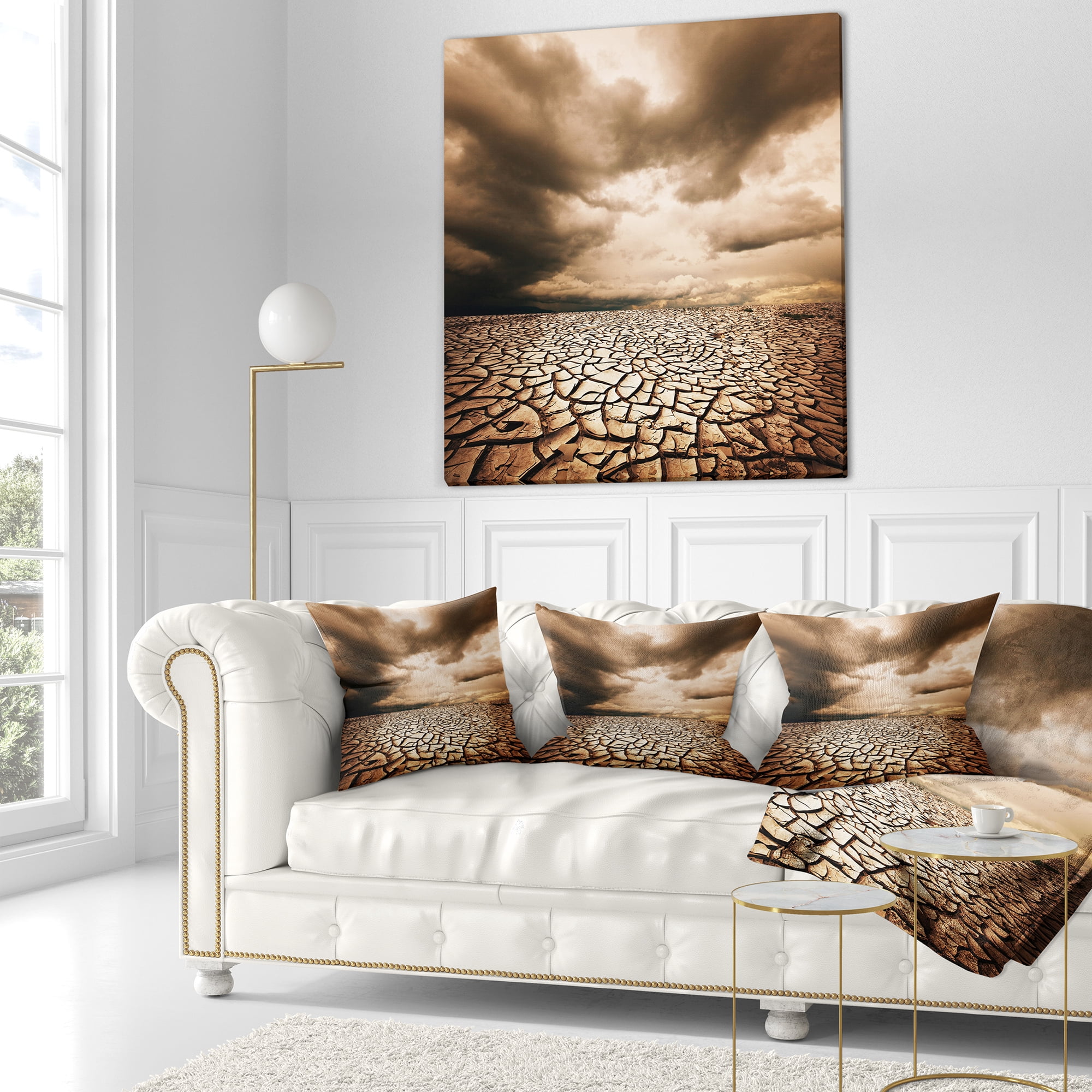 Designart Cracked Drought Land with Dark Clouds - Landscape Printed Throw Pillow - 18x18