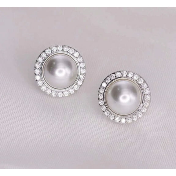 Clip on 1/2" small silver & white pearl round earrings