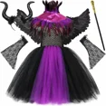 thumbnail image 2 of Disfraz de bruja de Halloween, Malefice, para niñas, color morado y negro, con tutú elegante, capa de plumas, disfraz de reina malvada, ropa para niños, 2 of 5