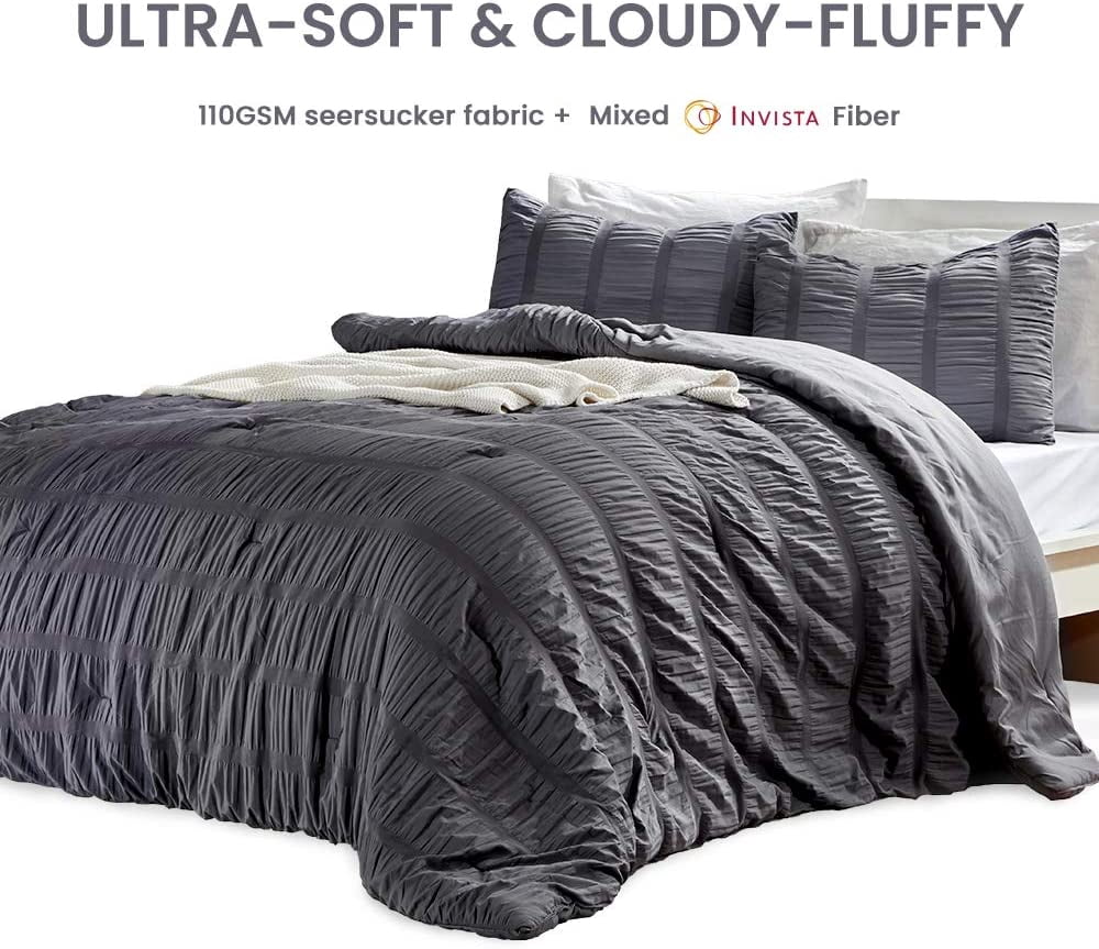 Sleep Zone Luxury Seersucker Queen Comforter Set 3-Piece, Soft & Lightweight Down Alternative Duvet Insert with Pillow Sham Cooling for Summer, Gray