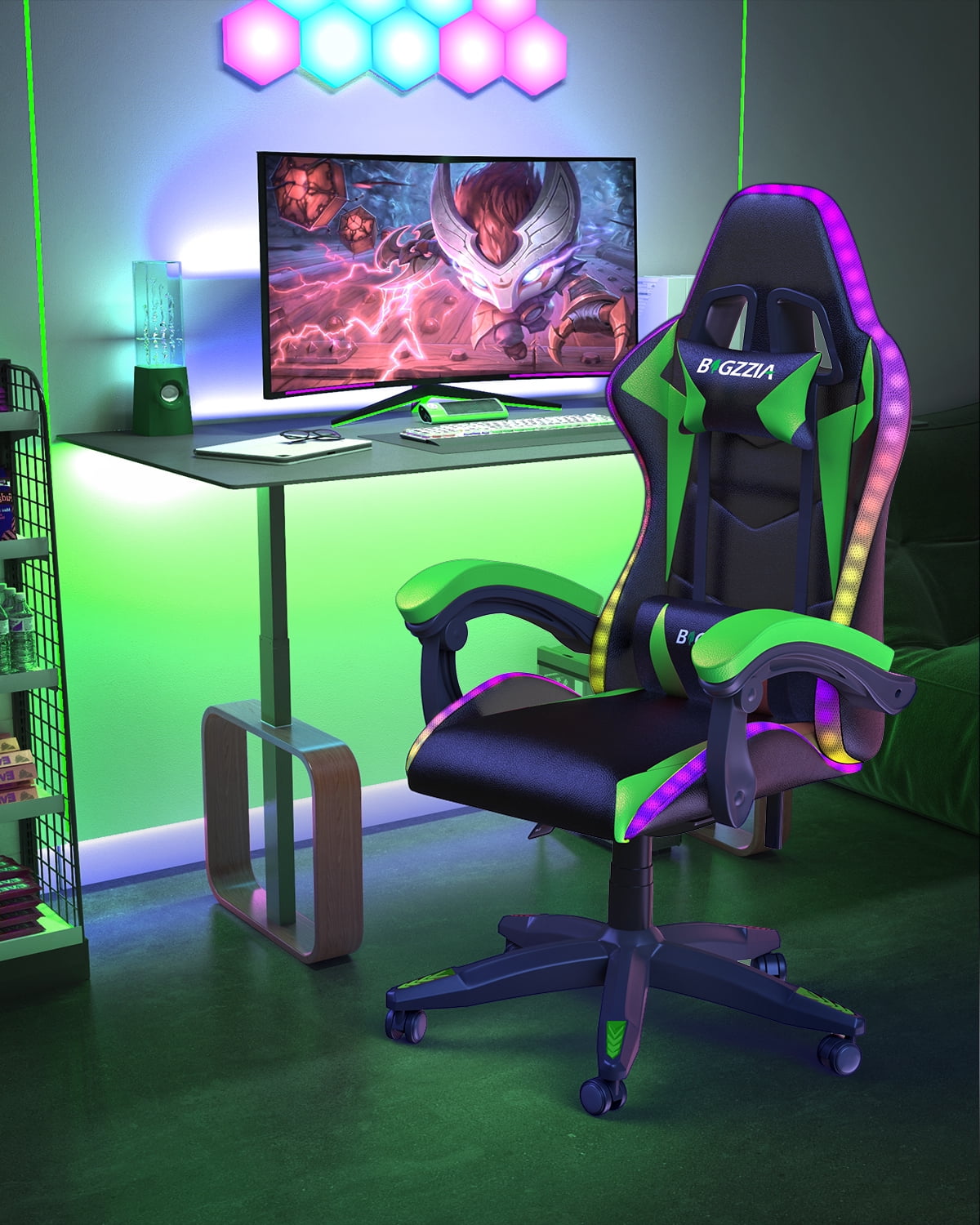 Bigzzia Gaming Chair with LED Lights, Computer Chair with Lumbar Support, Ergonomic High Back Video Game Chair with Swivel Seat and Headrest, Green