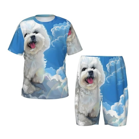 Luyuia Cute Cloud Bichon Frise Print Girls  2-Piece Tie-Dye Pajama Set  Cute Summer Loungewear with Shirt and Tank Shorts Nightwear-XX-Large