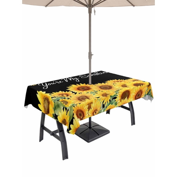 Outdoor Tablecloths with Umbrella Hole & Zipper, Sunflowers 54x80 Inch Tablecloth Rectangle, Yellow Summer Botanical Elegant Pastoral Waterproof Table Cloth, Patio/Pool/Picnic Table Covers