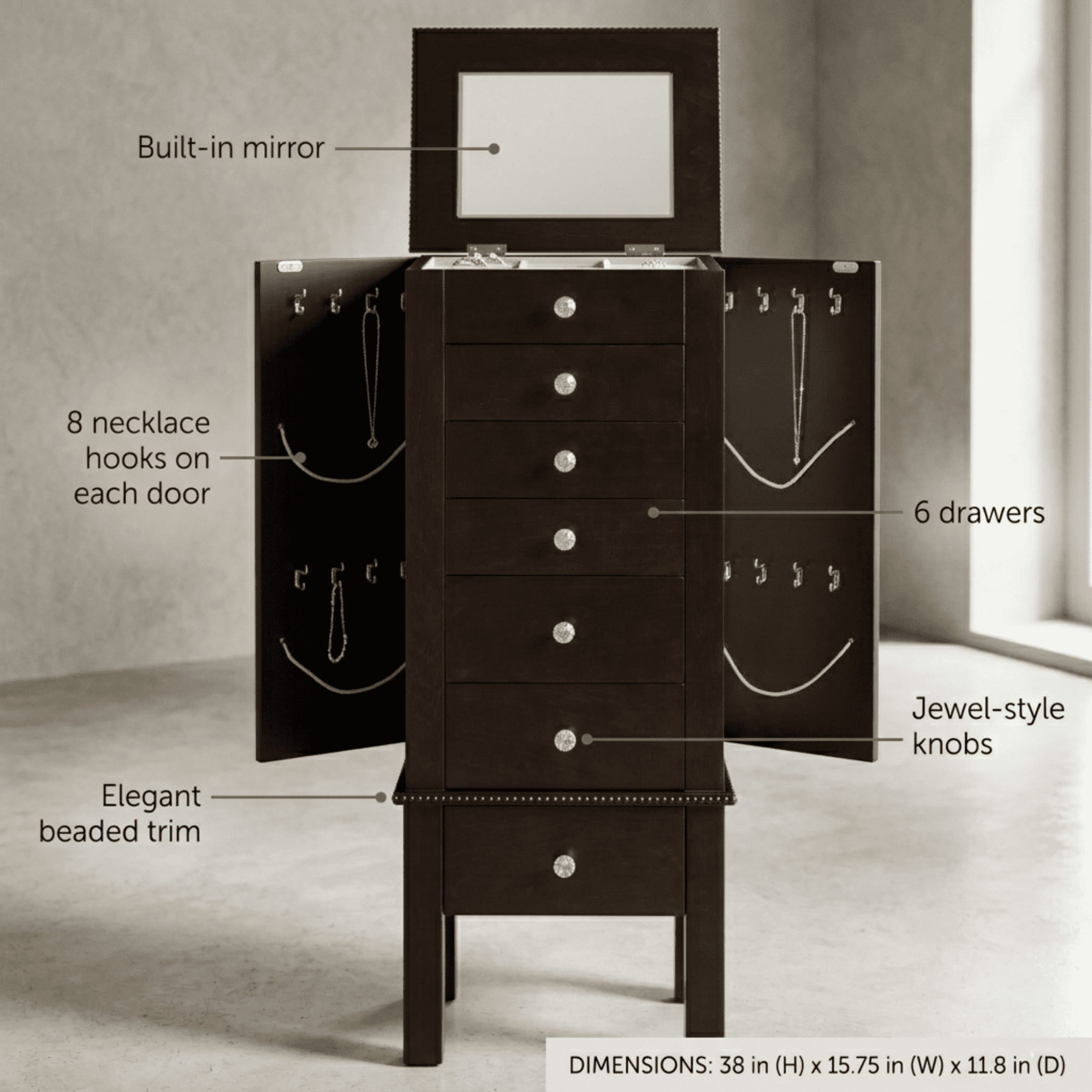 Hives & Honey - Crystal Standing Women's Wood Jewelry Armoire - Espresso