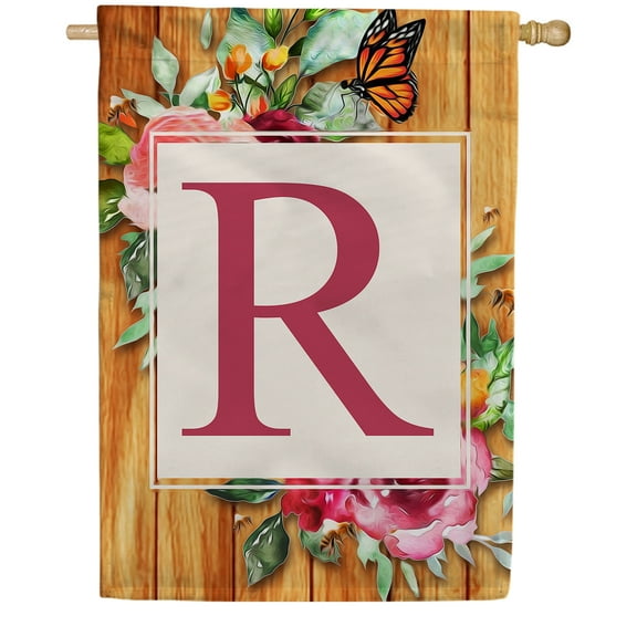 America Forever Spring Monogram House Flag Letter R 28 x 40 inches Double Sided Vertical Outdoor, Yard, Lawn, Seasonal Decorative Flowers Bees and Butterflies Summer House Flag