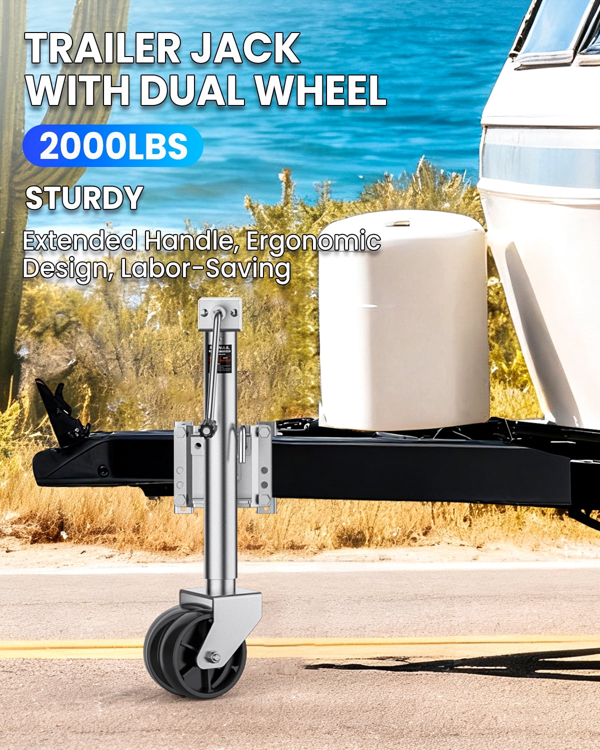 2000 lbs Trailer Jack with Dual Wheel Heavy Duty, 23" Lift, 20-24V Cordless Drill Compatible, for RV, Boat, Yacht & Utility Trailers, Sliver