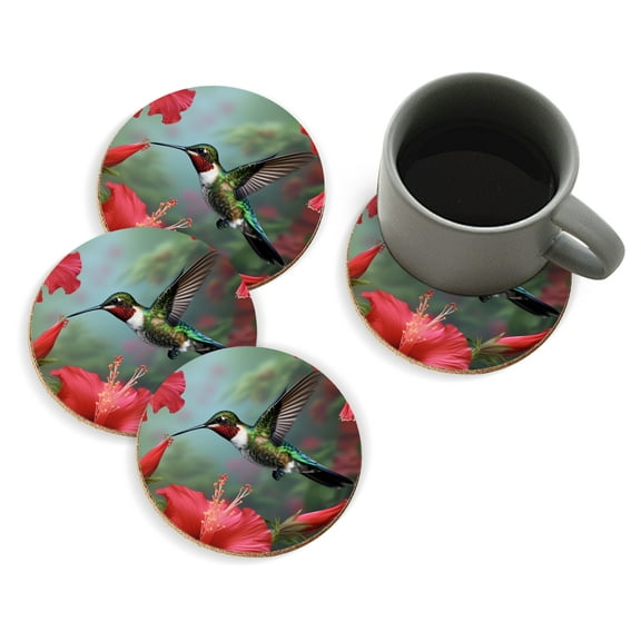 Coasters for Drinks Bar Beer,Set of 4 ,Round Wooden Housewarming Gift,Hummingbird Hovering Near Vibrant Red Hibiscus Flowers