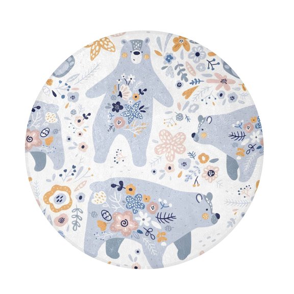 BZSMCE Bear Flower Pattern Round Fluffy Area Rug 32.2in Non-Slip Circular Shaggy Rug