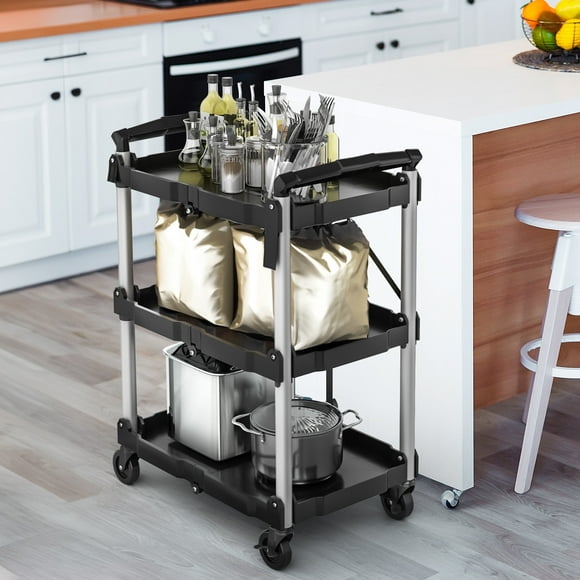 DEXTRUS 3-Tier Collapsible Utility Cart, 240 lbs Capacity, with 360° Swivel Wheels for Home, Garage, and Office