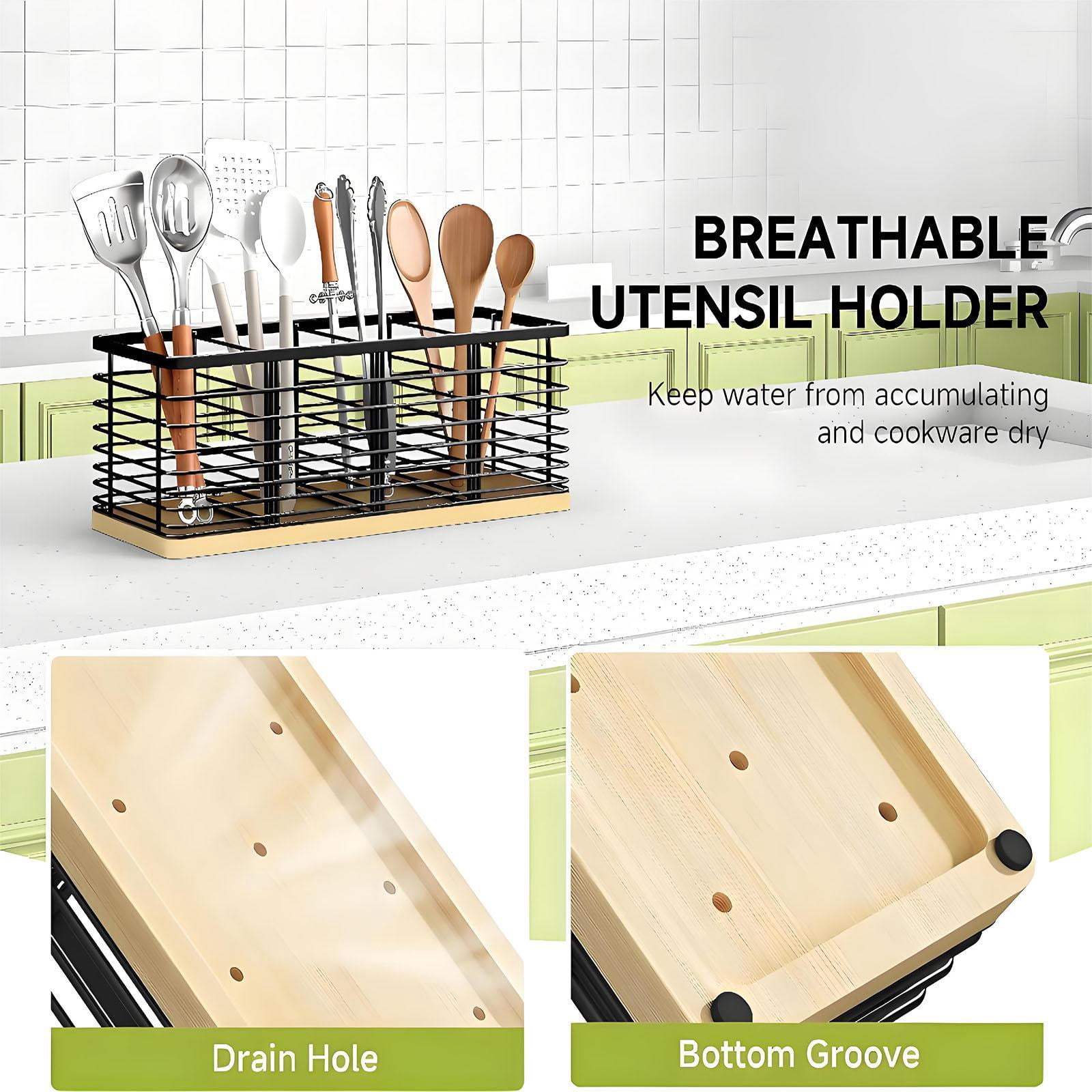 Pinovk Extra Large Kitchen Utensil Holder with 4 Compartments – Matte Black Metal & Wooden Base, Farmhouse Style Countertop Organizer for Spoons, Spatulas, Ladles
