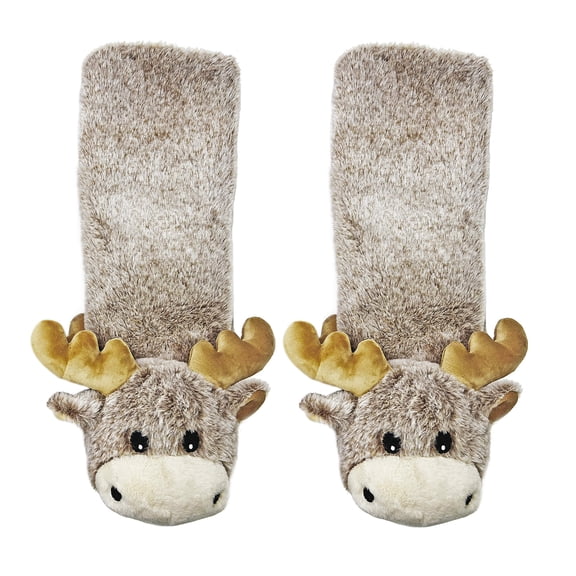 Oooh Geez Women's Funny Animal Fuzzy House Slipper Socks with Grippers, Cute Plush Indoor Non-Slip Socks, Moose Up, Size 5-10