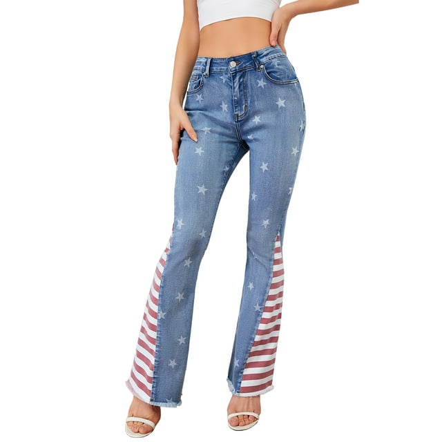 Jeans Évasés Taille Haute Drapeau Américain Patriotique pour Femmes