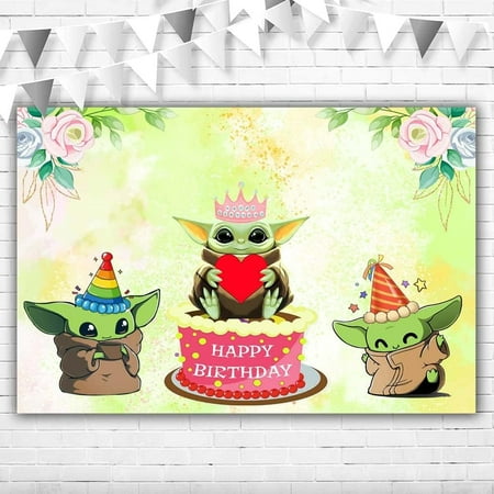 Image of Baby Yoda Happy Birthday Backdrop for Girls 5x3ft Pink Flowers Baby Yoda Background 1st Birthday Vinyl Baby Yoda