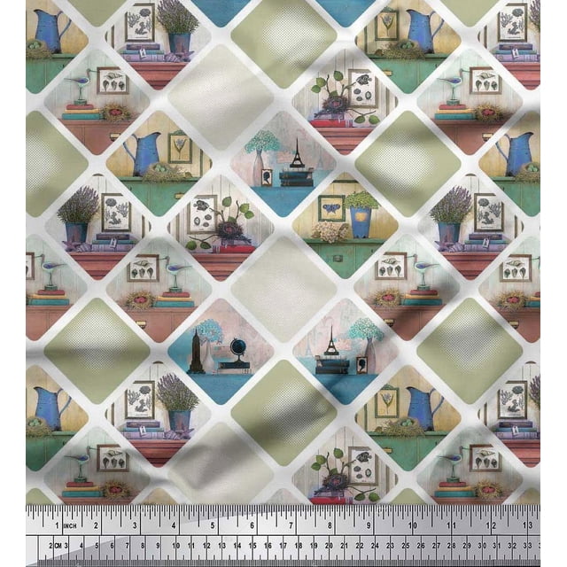 Soimoi Polyester Crepe Fabric Frame,Jug & Flower Pot Patchwork Print Sewing Fabric Yard 52 Inch Wide