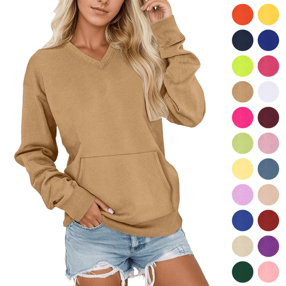 Sweatshirt for Women Solid Color V Neck Long Sleeve Pullover Tops with Pocket Lightweight Basic Workout Casual Sweatshirts,Size S-2XL