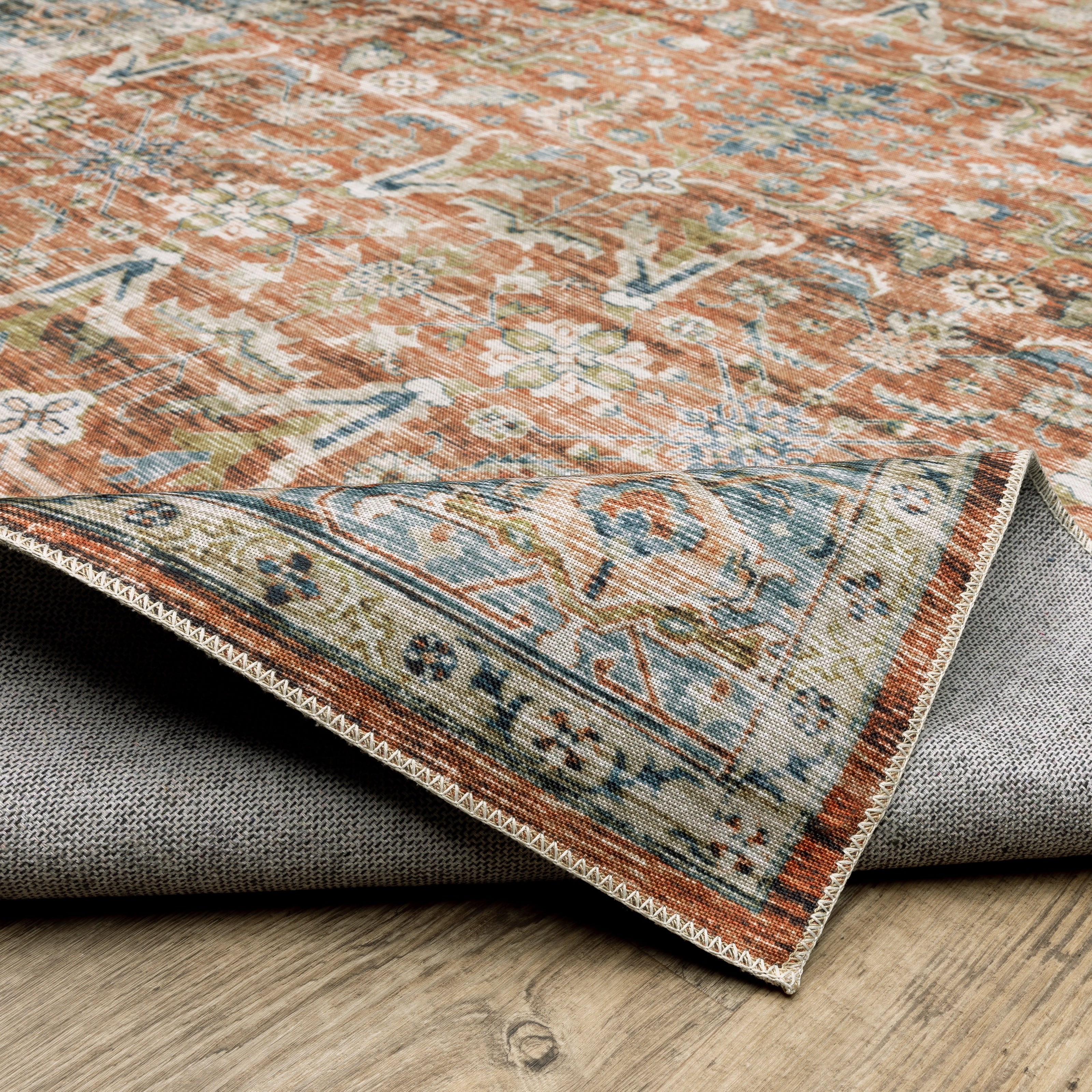 Avalon Home Celeste Washable Bordered Oriental Rust/ Blue Indoor Area Rug