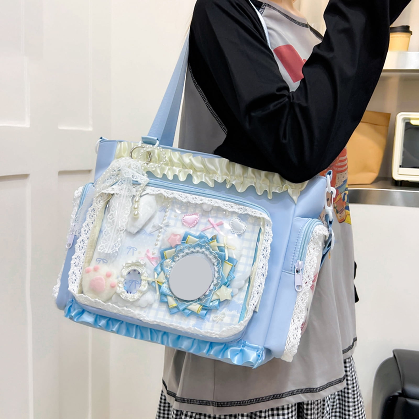 Women Transparent Square Ita Bag with Pin Display DIY Badge Crossbody Bag W/ Zipper & Pendant for Shopping Travel Work Daily Use (Blue)