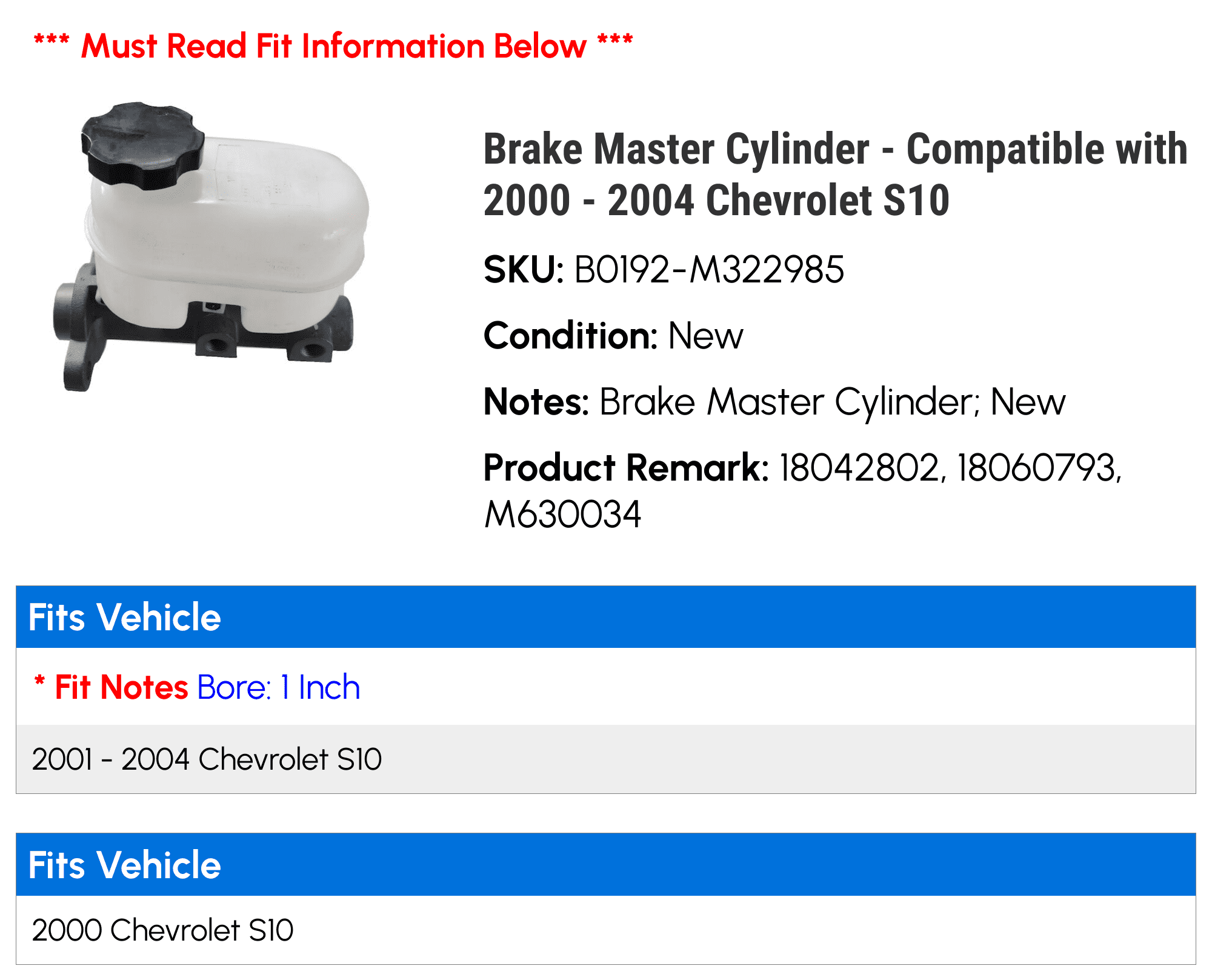 Brake Master Cylinder - Compatible with 2000 - 2004 Chevrolet S10 - Replacement