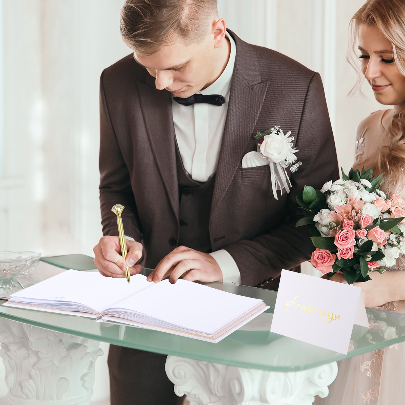 Uxcell Guest Book, 9x7" Elegant Wedding Guestbook Black Cover Memory Book with Diamond Signing Pen and Greeting Card for Wedding Bridal Shower Birthday Party Events, Silver Tone
