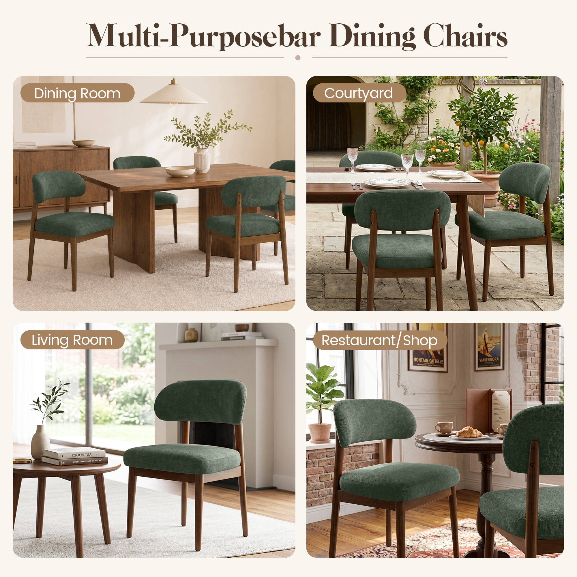 MOONMISS Dining Chair Set of 2,Upholstered Wooden Dining Chairs with Curved Back,Chenille Kitchen Side Chairs,Green