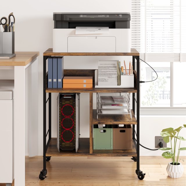 Rolling Printer Stand – Large 4-Tier with Storage Shelf – Built-in Power Outlets & USB – Mobile Table on Wheels – Home Office & Small Spaces – Classic Color