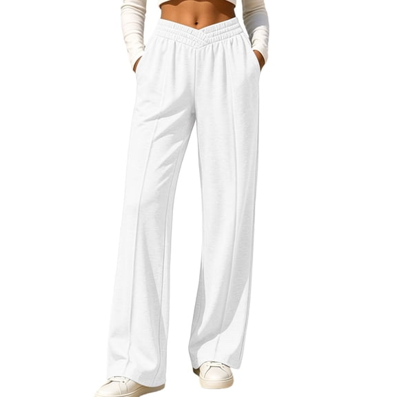 ZHYou No Boundarie Womens High Waist Wide Leg Sweatpants V Shaped Smocked Waist Loose Straight Casual Full Length Trousers with Side Pockets,White,Size M