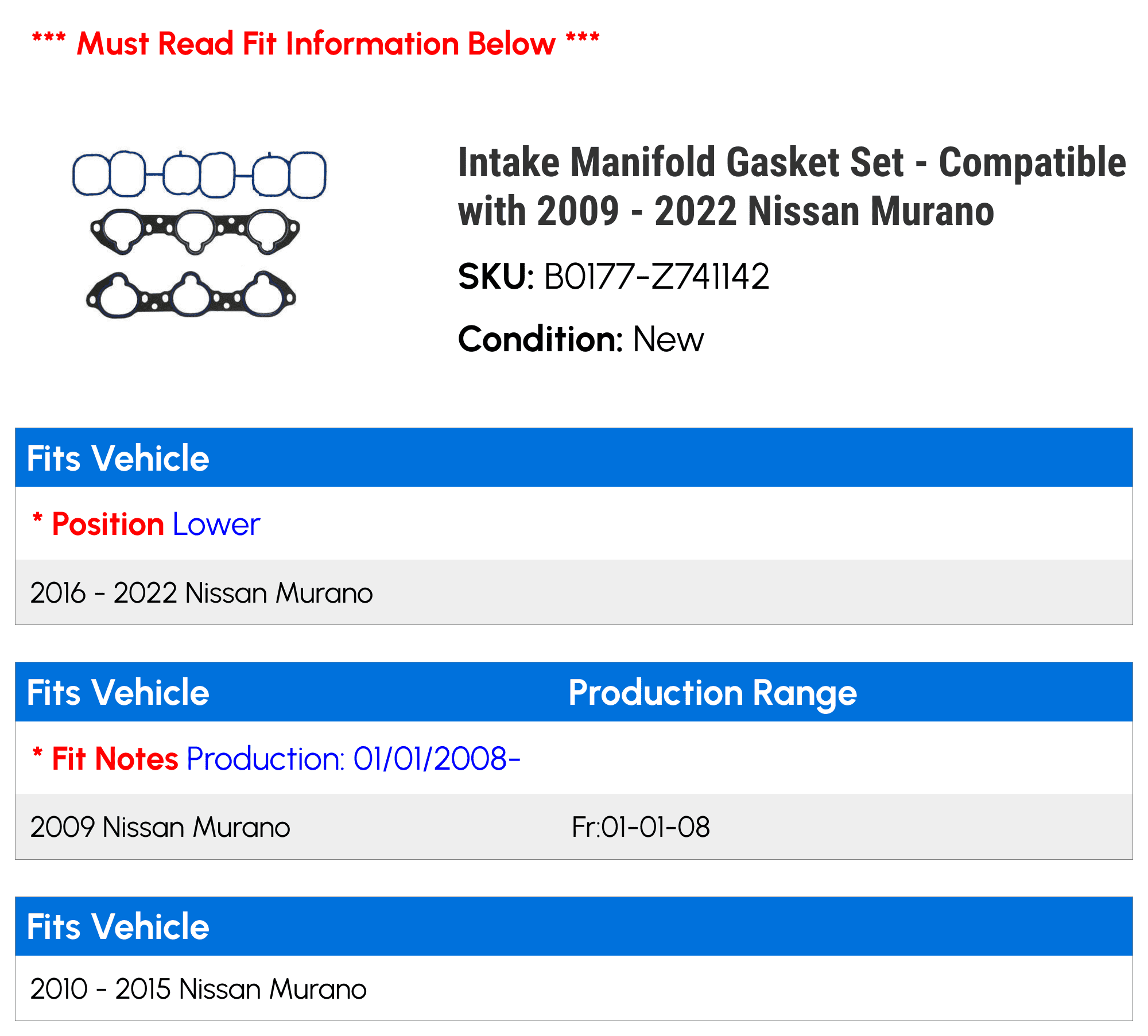 Intake Manifold Gasket Set - Compatible with 2009 - 2022 Nissan Murano 2010 2011 2012 2013 2014 2015 2016 2017 2018 2019 2020 2021